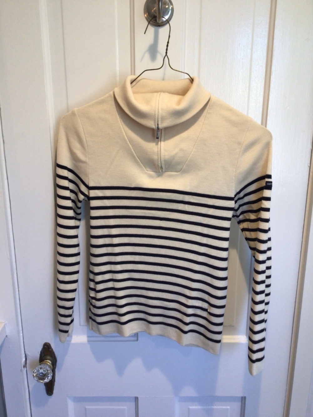 Saint James - Pure wool striped navy blue and cream quarter-zip sweater size 38 - Picture 2 of 16